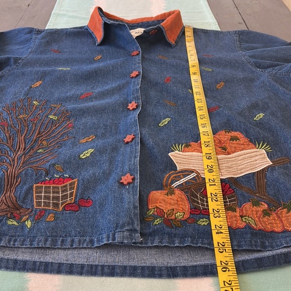 Tantrums Vintage, Autumn Fall Thanksgiving Embroidered Detail, Denim Shacket Top - Picture 12 of 12